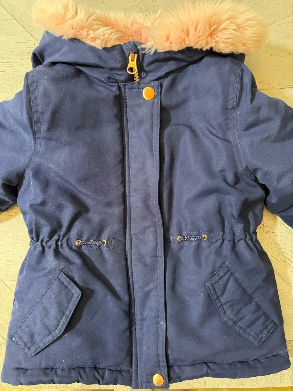 OshKosh B'gosh Navy Jacket with Pink Lining & Faux-Fur Trim Size 4T VGUC